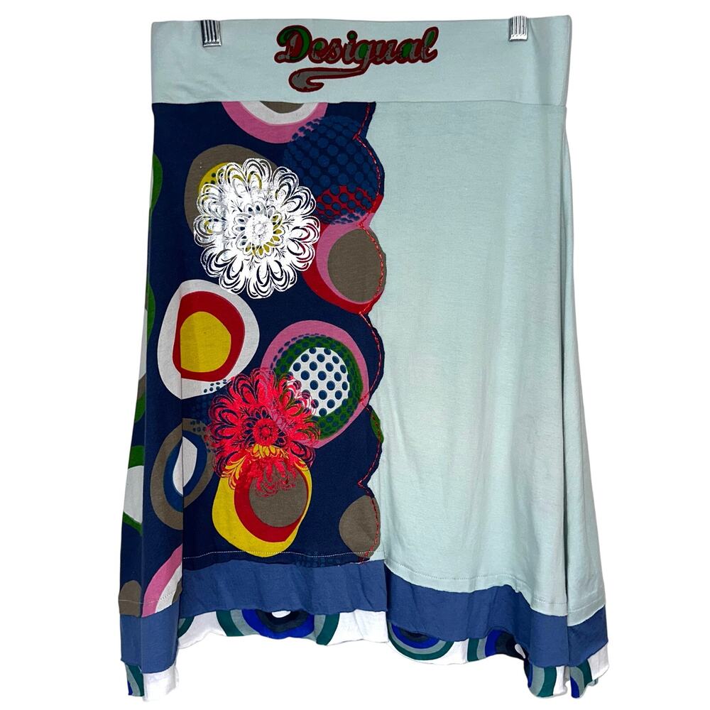 Desigual Colorful Boho Art Embroidered Floral Cotton A-Line Skirt Size Large - Picture 11 of 16